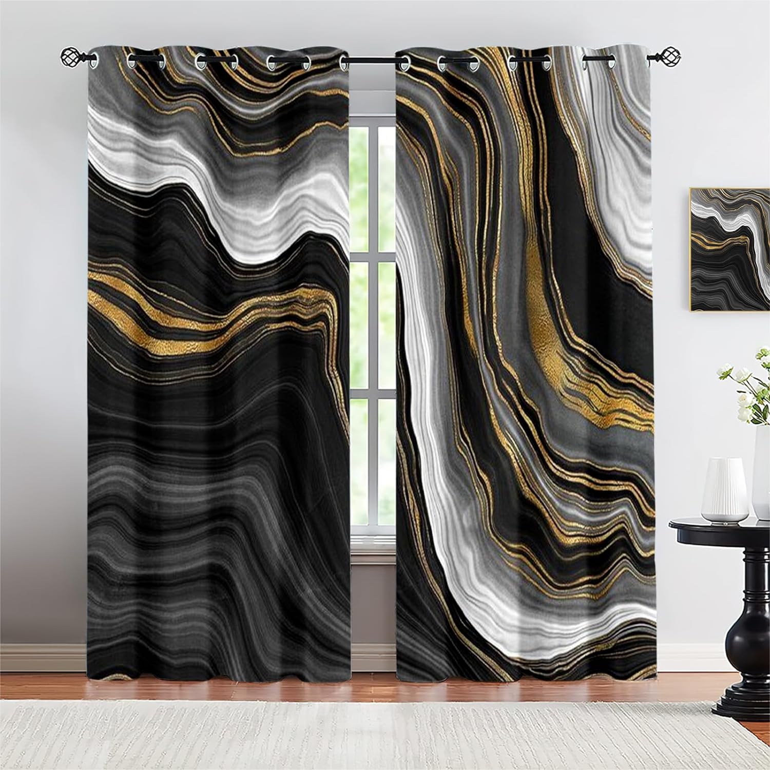 Black Gold Abstract Marble Grommet Blackout Draperies, Gradient Color
