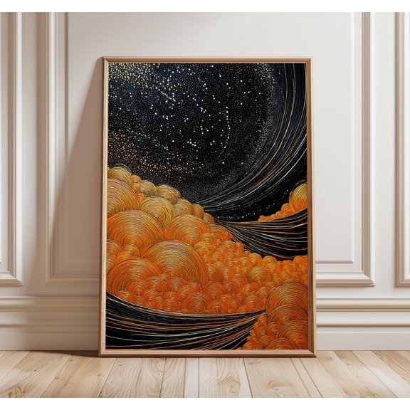 Black Gold Abstract Night Sky Art Print, Cosmic Galaxy Poster, Japanese Wave Wavy Lines, Kintsugi Aesthetic Decor, Abstract, Poster Only
