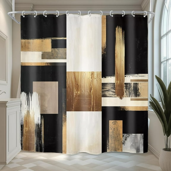 Black Gold Abstract Shower Curtain for Bathroom Decor 72Wx72H Modern Aesthetic Oil Painting Artistic Boho Beige Neutral Art Printed Fabric Polyester Waterproof 12 Pack Plastic Hooks
