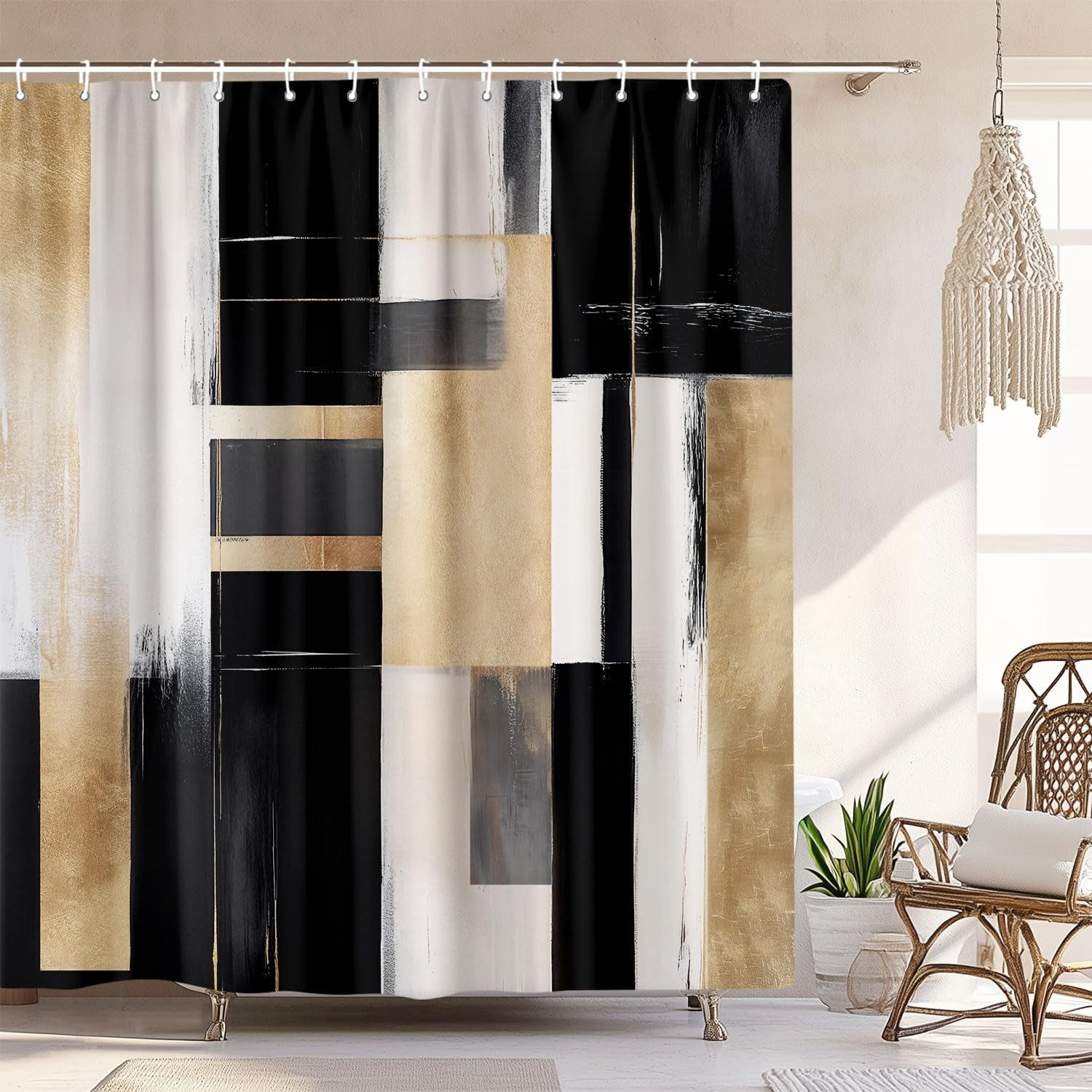 Black and Gold Abstract Shower Curtain, Boho Modern Aesthetic Shower Curtain Set, Beige Cream Brown Oil Painting Neutral Art Shower Curtain for Bathroom Fabric with Hooks 72"W x 78"L (Pack of 1)