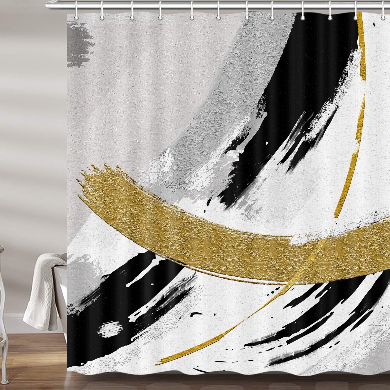 Black and Gold Abstract Shower Curtain, Chic Design White Grey Art Designer Fabric Shower Curtains Set for Bathroom Decorative, Modern Restroom Decor Accessories with Hooks 72X 72 Inch
