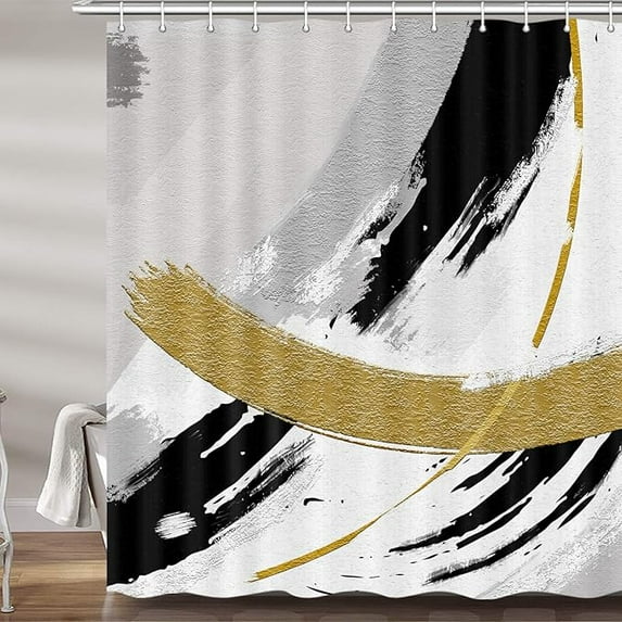Black And Gold Abstract Shower Curtain, Chic Design White Grey Art Designer Fabric Shower Curtains Set For Bathroom Decorative, Modern Restroom Decor Accessories With Hooks 72"W x 72"L