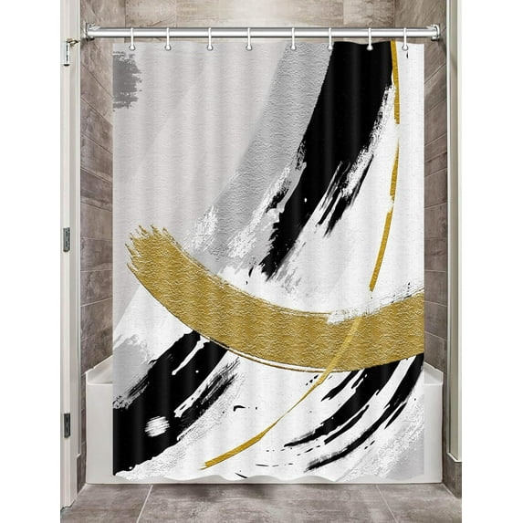 Black and Gold Abstract Shower Curtain, Chic Design White Grey Art Designer Fabric Shower Curtains Set for Bathroom Decorative, Modern Restroom Decor Accessories with Hooks 72X 72 Inch
