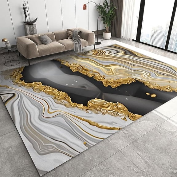 Black Gold Agate Texture Area Rug, Luxury White Gold Marble Rugs For Living Room, With Non-Slip Backing Washable Carpet For Living Room Bedroom Dining Room 5x8ft