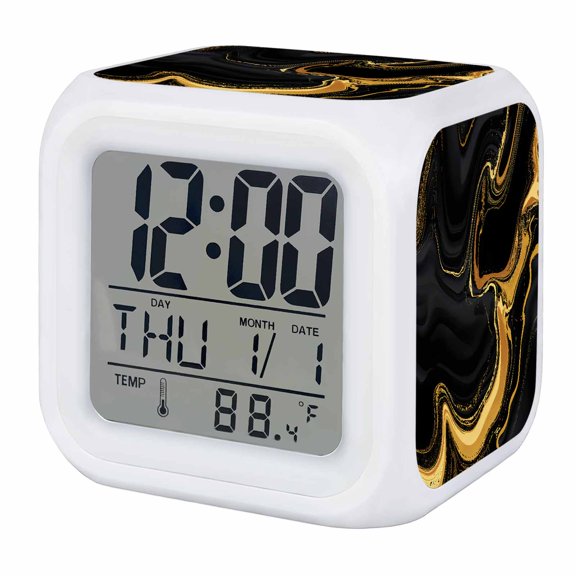 Black Gold Alarm Clock, Marble Luxury Abstract Abstract Fluid Texture Digital Clock Night Light with 7 Color, Calendar Temperature Display, LED Desk Small Clock for Bedrooms Bedside Living Room