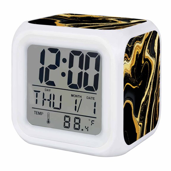 Black Gold Alarm Clock, Marble Luxury Abstract Glitter Fluid Pattern Digital Clock Night Light with 7 Color, Calendar Temperature Display, LED Desk Small Clock for Bedrooms Bedside Living Room