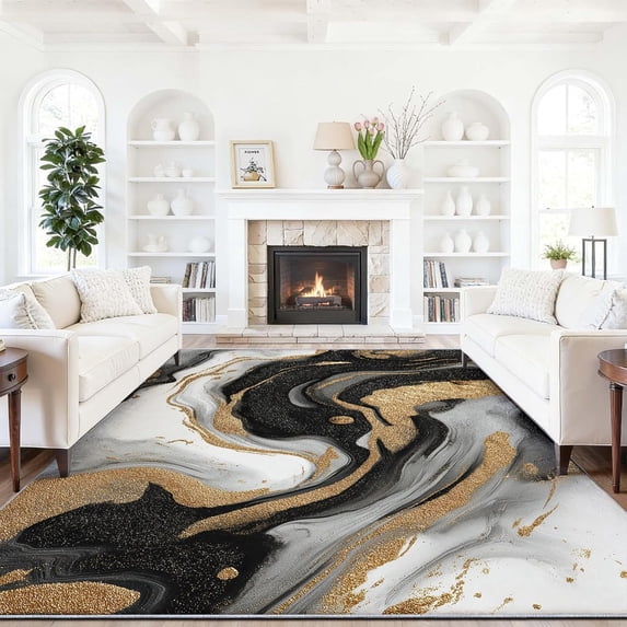Black and Gold Area Rug ,Abstract Black Marble Rugs for Living Room Washable Non Slip Floor Carpet Aesthetic Doormat for Dining Room Bedroom Kitchen Dorm Office-3' x 4'
