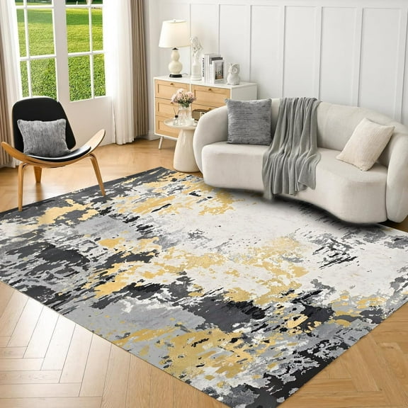 Black Gold Area Rug For Living Room, Grey And Gold Abstract Rug For Bedroom And Dining Room, Modern Black And White Abstract Carpet For Home Decor-5x6ft