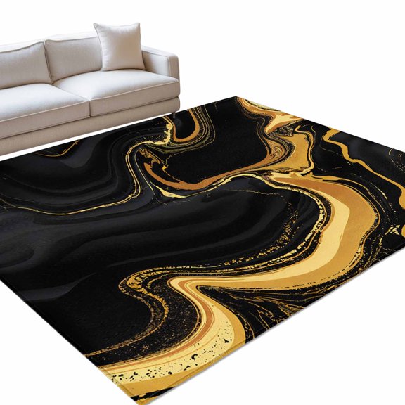 Black Gold Area Rug, Marble Luxury Abstract Abstract Fluid Texture Non-Slip Felt Rubber Backing Rectangle Indoor Carpet Washable Rugs for Living Room Bedroom 3x5ft