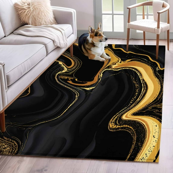 Black Gold Area Rugs 3x5 ft Marble Luxury Abstract Abstract Fluid Texture Washable Rug Non Slip Indoor Carpet Absorbent Floor Mat for Living Room Bedroom Dining Room