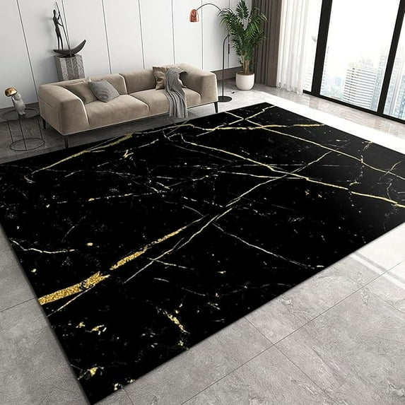 Black Gold Area Rugs, Modern Luxury Gold Texture Soft Fluffy Bedroom Rug, Non-Slip Machine Washable Living Room Rug, For Bedroom Office Study Corridor Entrance 5 x 8ft