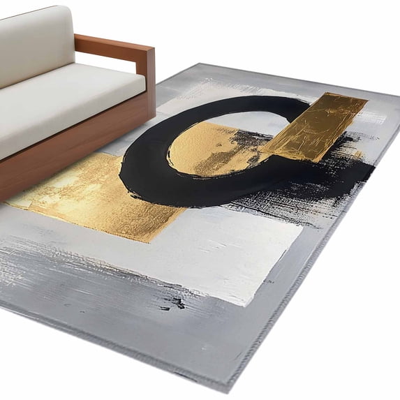 Black And Gold Area&nbsp;Rug 4x6ft round Watercolor Non-Slip&nbsp;Washable Square&nbsp;Rugs Soft Felt Indoor Floor Mat for Bedroom Kitchen Living Room Bathroom