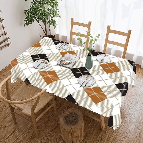 Black And Gold Argyle Harlequin Rectangular Tablecloth 55"x70" with Lace Edge, Washable Durable Table Cover for Dining, Indoor Outdoor Home Restaurant Decor