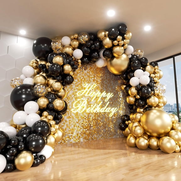 Black and Gold Balloon Arch Kit, 140Pcs Black White Metallic Gold Confetti Latex Balloons 18 12 10 5 Inch Different Size Balloons for Birthday Anniversary Graduation Wedding Party Decorations
