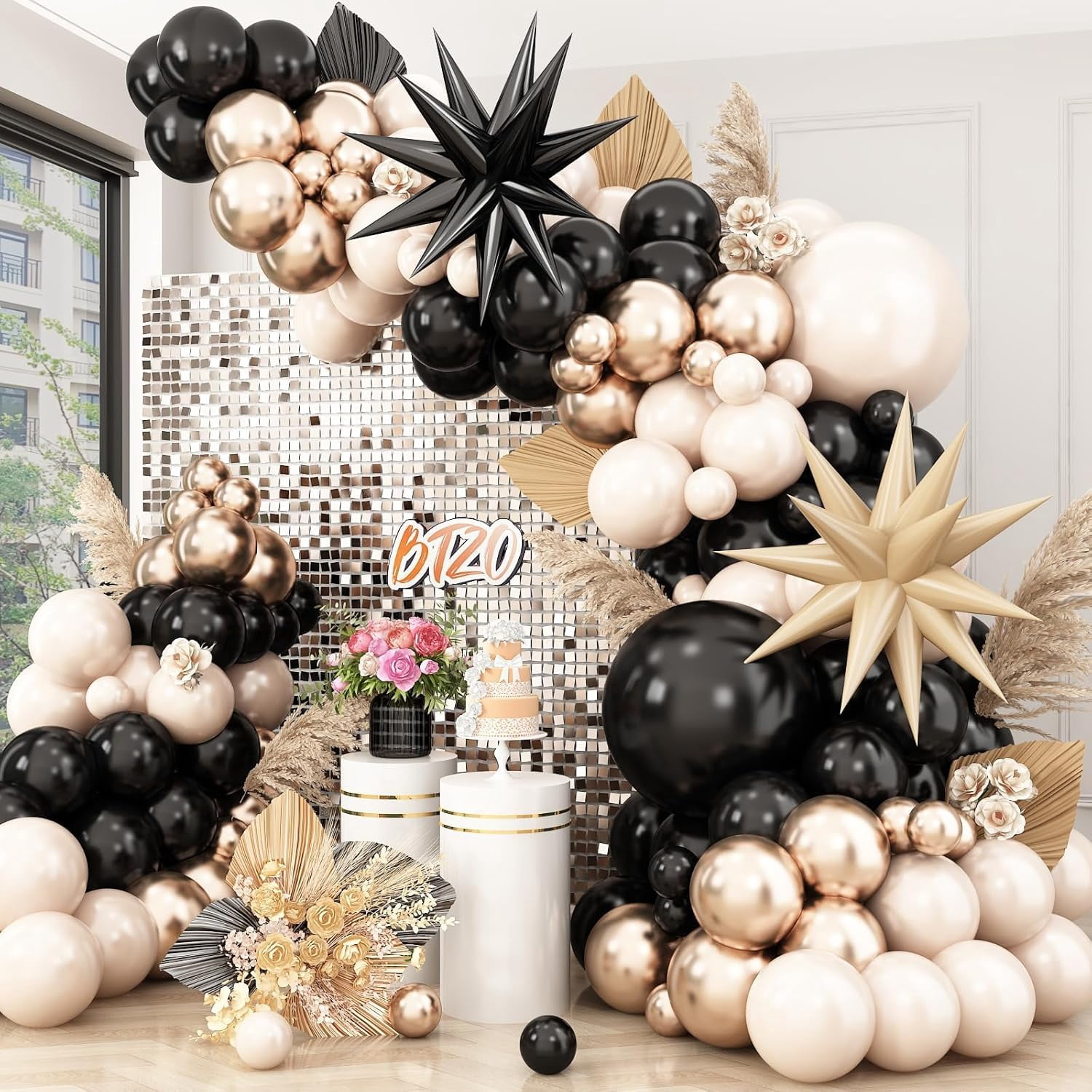 Black Gold Balloon Arch Kit,Sand White Balloon Garland with Star Foil Balloons Metallic Champagne Gold Balloons for Birthday Baby Showers  Wedding Party Decorations