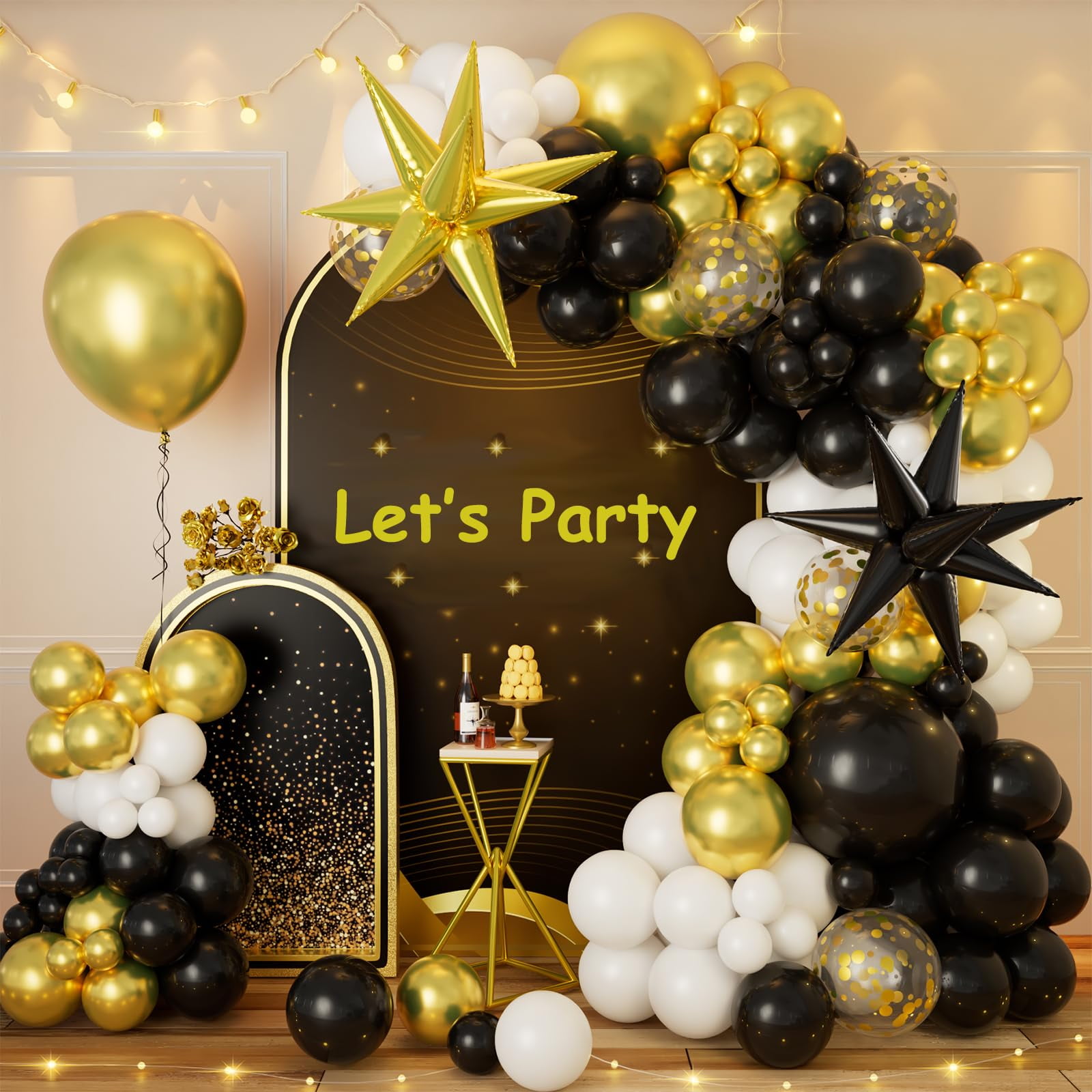 Black And Gold Balloon Garland Arch Kit With Black Gold Explosion Star