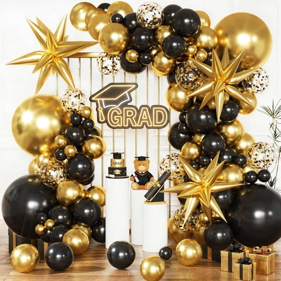 Black and Gold Balloons Arch Kit Garland, Confetti for 2026 Graduation Decorations Class Grad Prom Retirement Men Birthday Party Masquerade Anniversary