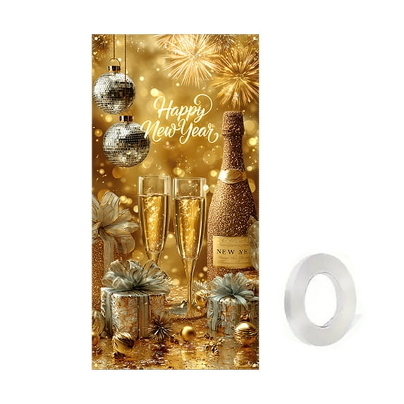 Black Gold Banner Backdrop New Year 2026 Door Cover Theme Decor for Christmas Holiday Party Photo Booth Props Decorations Favors Supplies (D)