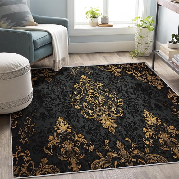 Black Gold Baroque Area Rugs, Vintage Damask Carpet, Washable Non Slip Low Pile Soft Rug for Living Room Bedroom Decor Mat 3ftx5ft