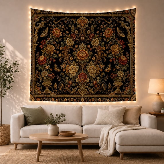 Black and Gold Baroque Garden with Amber Flowers, Dramatic Vintage for Vintage Decor Lovers, Ornate Wall Art, Housewarming Gift Tapestry Wall Hanging for Living Room and Bedroom
