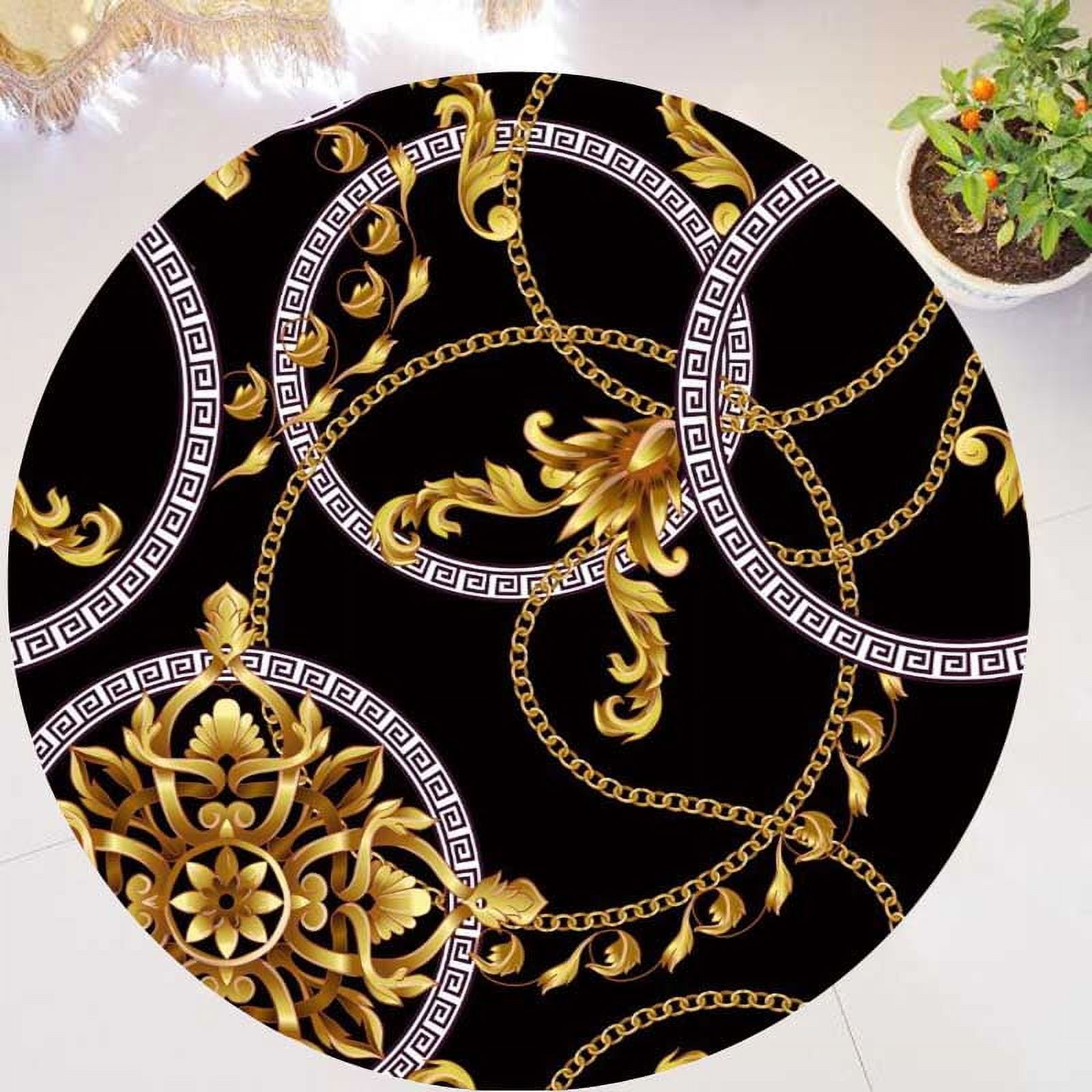 Round Baroque Rug Black Gold Baroque Golden Damask Greek Key Area Rug for Living Room ...