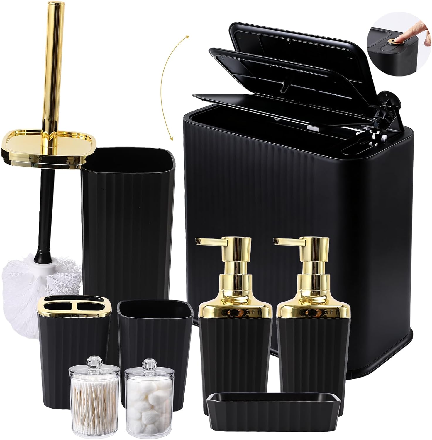 Black and Gold Bathroom Accessories Set - 9 Piece Complete Organization Kit with Slim Pop-up Trash Can, Toilet Brush, Lotion Dispensers, Jars & Soap Dish - Modern Matte Stripe Bathroom Decor