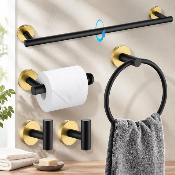 Black and Gold Bathroom Accessory Set 5 Pieces, Round Stainless Steel ...