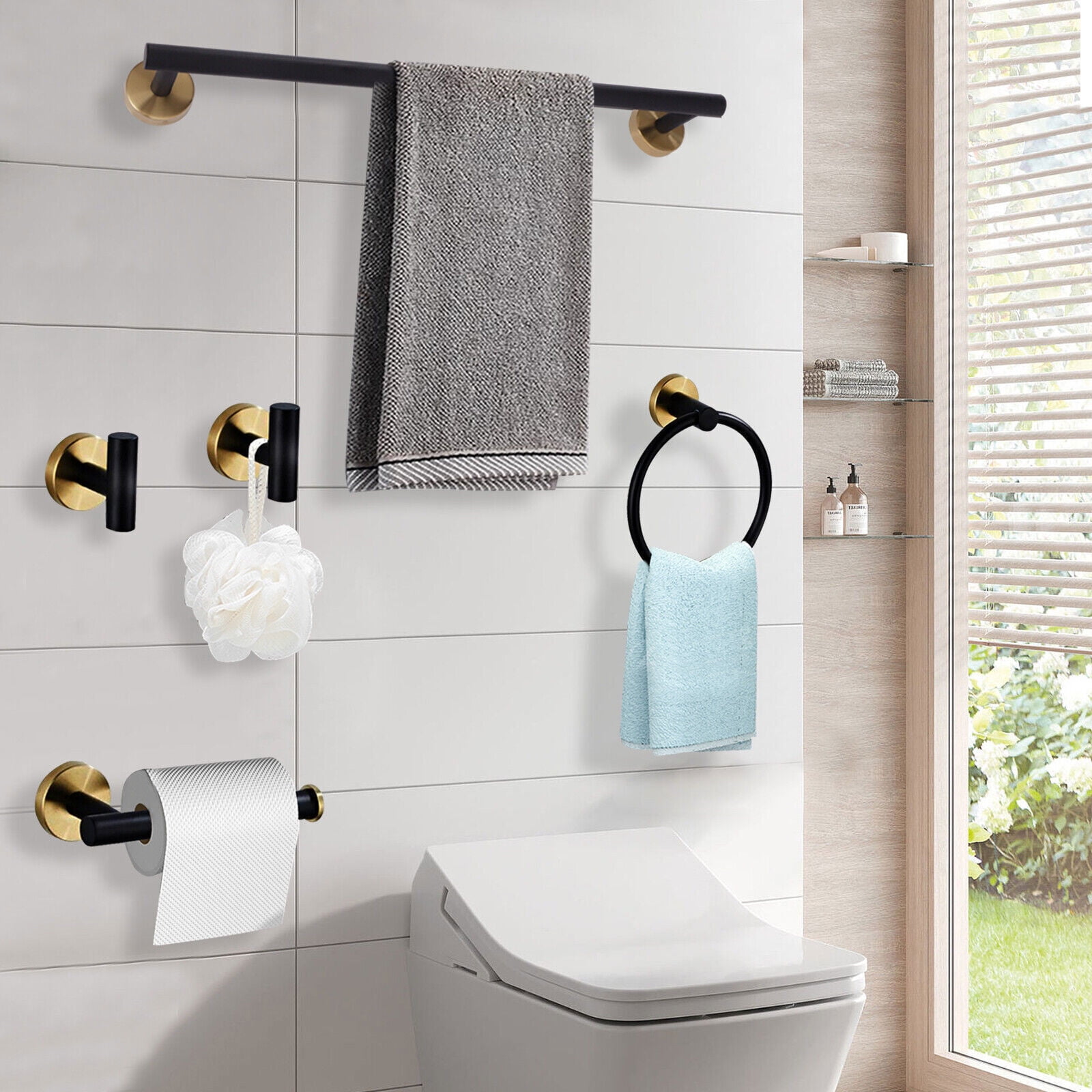 Black+Gold Bathroom Bath Hardware Accessories Set Towel Bar Kit Matte ...