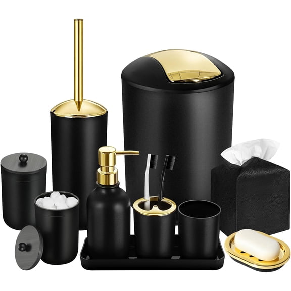 Black and Gold Bathroom Decor, 10Pcs Black Bathroom Accessories Set, Soap Dispenser and Toothbrush Holder, Soap Dish, Cotton Ball & Qtip Holder, Toilet Brush Holder, Tissue Box Cover