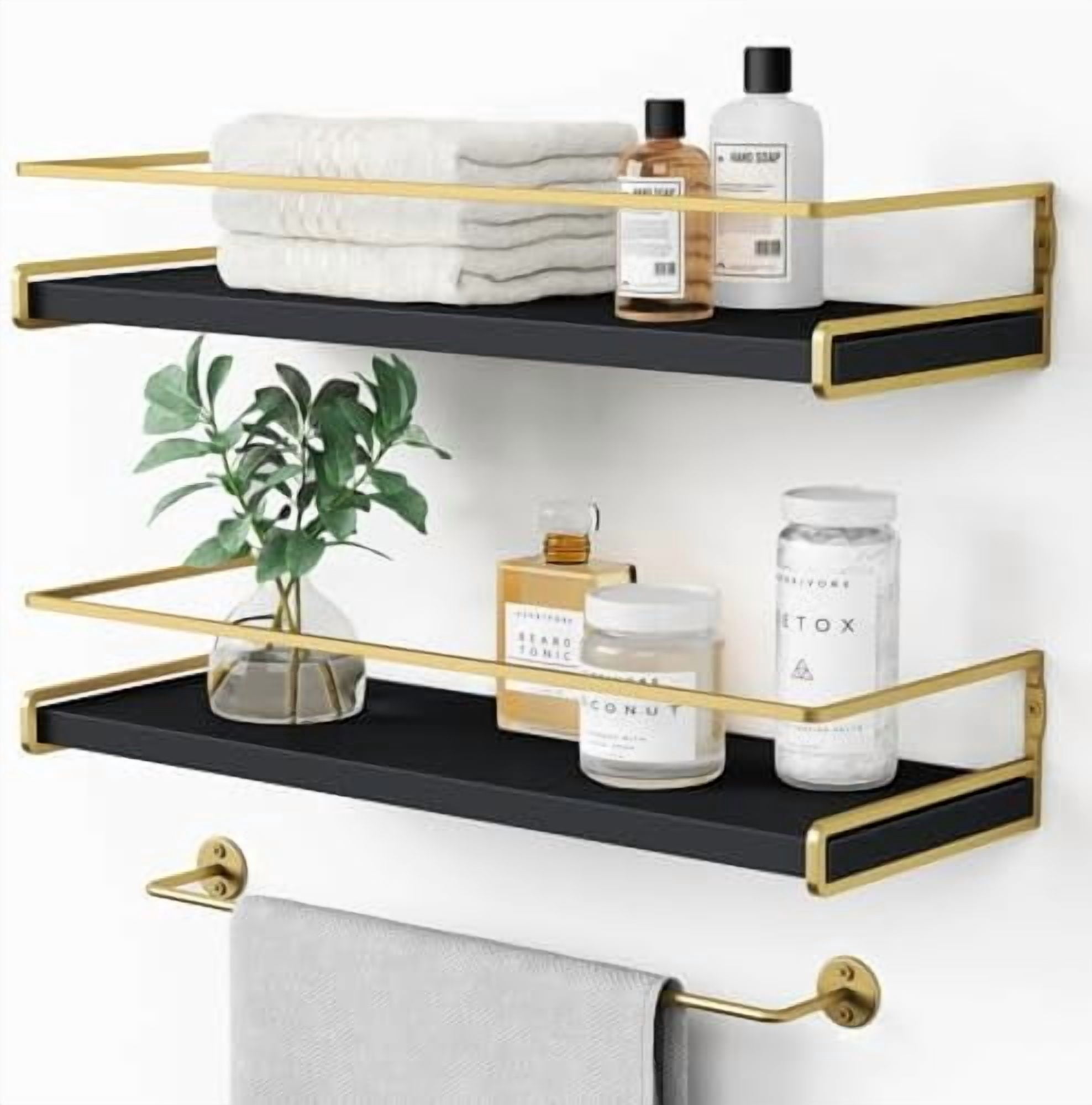 Black and Gold Bathroom Floating Shelves for Wall, Decorative Wall Mounted Shelves for Kitchen Coffee Bar Station Organizers and Storage, Hanging Shelving Unit for Bedroom Living Room (2-Pack)