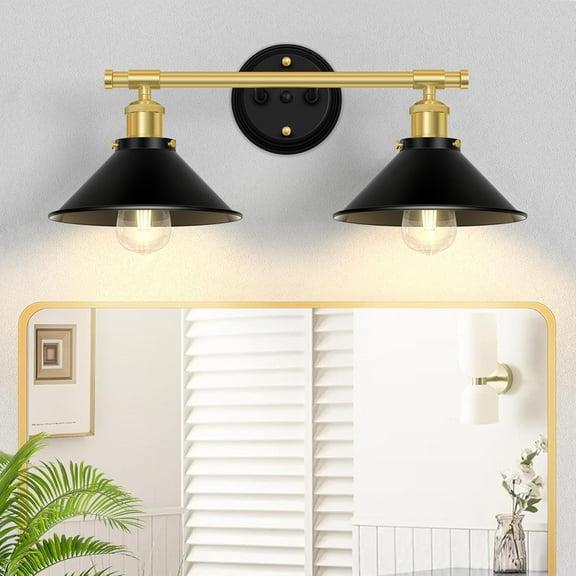 Black and Gold Bathroom Light Fixtures 2-Light Bathroom Vanity Lights over Mirror with Metal Shade Modern Wall Sconces Lighting for Kitchen Bedroom Living Room