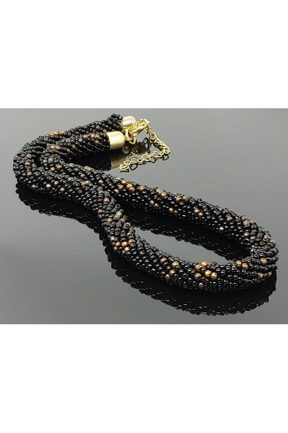 Black & Gold Beaded Necklace | Seed Glass Beads Women Jewelry | Fashion Statement Handmade Bib Necklace - 19"