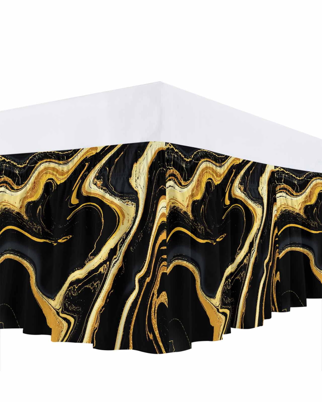 Black Gold Bed Skirt Marble Luxury Abstract Glitter Fluid Pattern Bed Skirts Queen Size 18 Inch Drop, Wrap Around Dust Ruffle&nbsp;Bedskirt with Adjustable Elastic Belt for Queen Size Beds