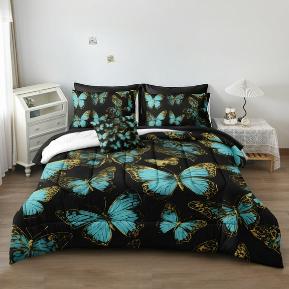 Black Gold Bedroom Comforter Set Teal Aqua Bedding Sets Blue Butterfly Boho Chic Comforter Super Soft Cozy Black Bed in A Bag