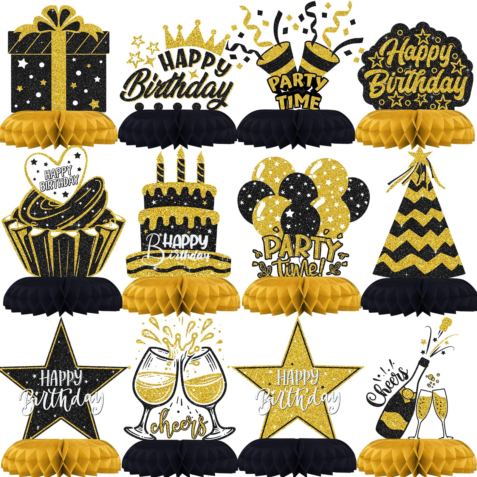 Black and Gold Birthday Decorations - 12Pcs KMC2Honeycomb Table ...