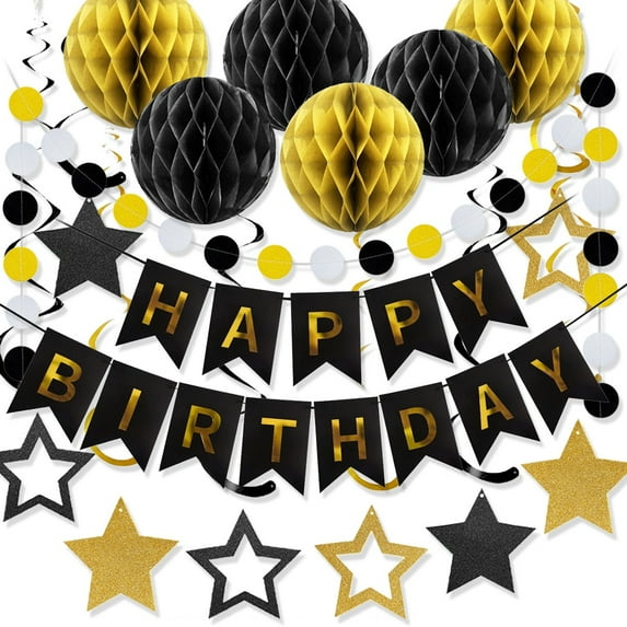 Black Gold Birthday Decorations,Happy Birthday Banner with Honeycomb Ball,Swirl Streamers Circle,Dot Garland Decorations for Party Supplies