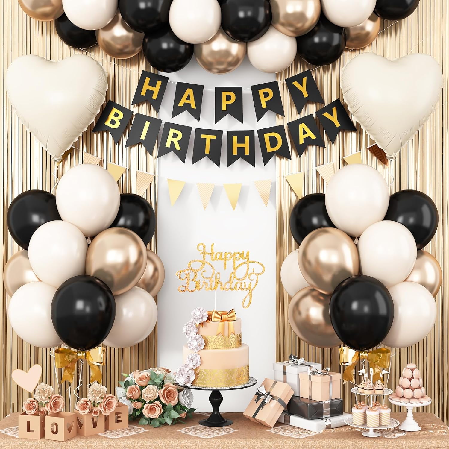 Black Gold Birthday Decorations,Party Decorations with Sand White Champagne Gold Balloon Heart Balloons Happy Birthday Banner Fringe Curtain for Women Men  Baby Shower Birthday Party Decor