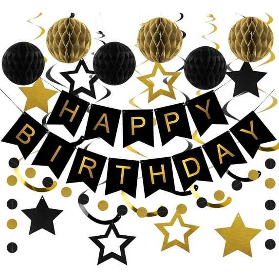 Black & Gold Birthday Party Decorations - Happy Birthday Banner, Honeycomb Ball, Swirls, Circle Dot Garland, Triangle Flags ,Happy Birthday Party Decorations for Women Men Boys Girls
