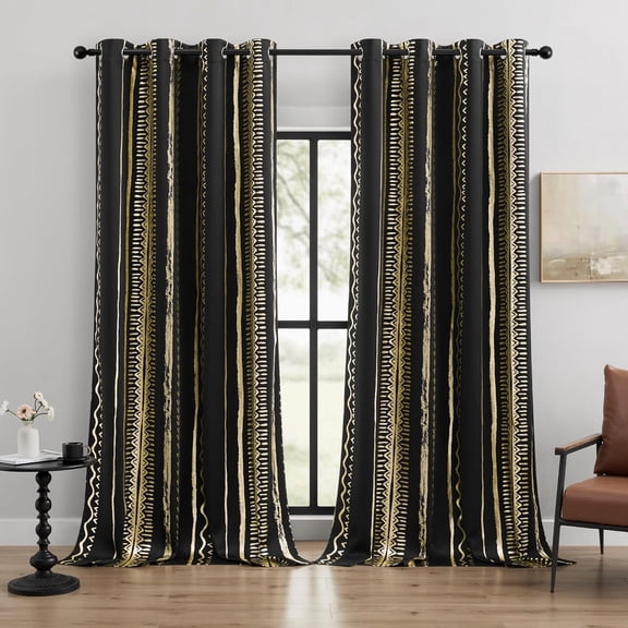 Black and Gold Blackout Curtains, African Tribal Gold Foil Pattern Thermal Insulated Noise Reducing Grommet Drapes, Set of 2, Mudcloth Design, 52"W x 96"L