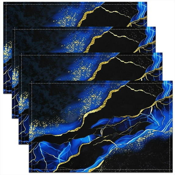 Black Gold Blue Place Mats Set of 4 for in Door Dinning, Watercolor Marble Table Place Mats for in Door Dining, Abstract Stone Pattern Table Mats for Dining Table, Stylish Kitchen Decoration