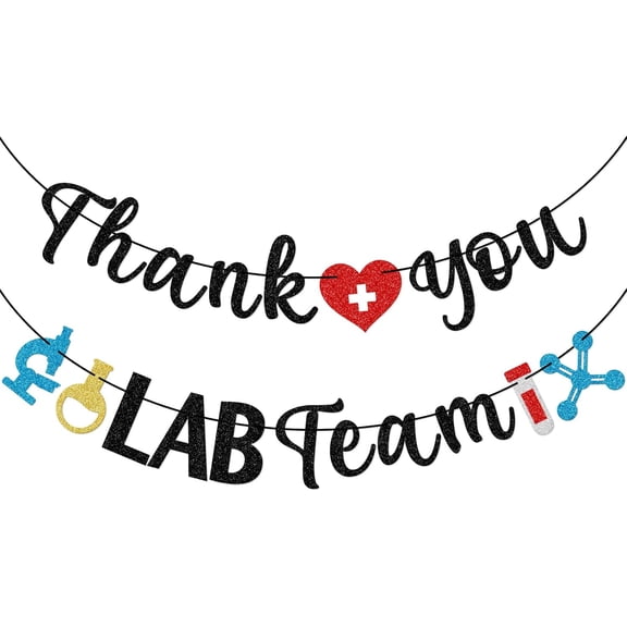 Black Gold Blue Red Glitter Thank You Lab Team 2Piece Banner with Microscope Test Tube DNA Red Medical Heart Cutouts, Laboratory Staff Appreciation Party Supplies