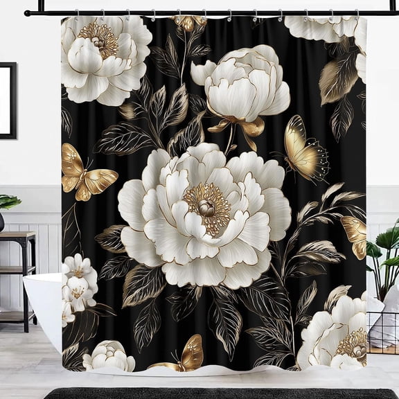 Black and Gold Boho Floral Shower Curtain, Vintage Unique Dark Flowers Botanical Aesthetic Decorative Shower Curtain Set, Pretty Gold Boho Farmhouse Curtains Bathroom Accessories with Hooks 72"x84"