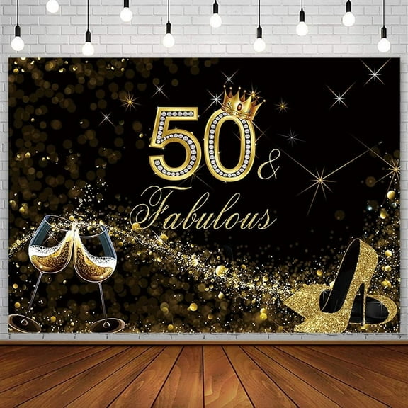 Black Gold Bokeh Happy 50th Birthday Backdrop Fabulous Decoration for Women High Heel Champagne Crown 50 Years Old Bday Photography Background Banner Cake Table Props