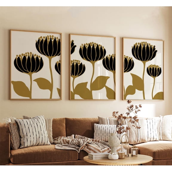 Black Gold Botanical Flower Minimal Floral Wall Art Stylised Stems Set 3 Unframed Paper Print 16x24