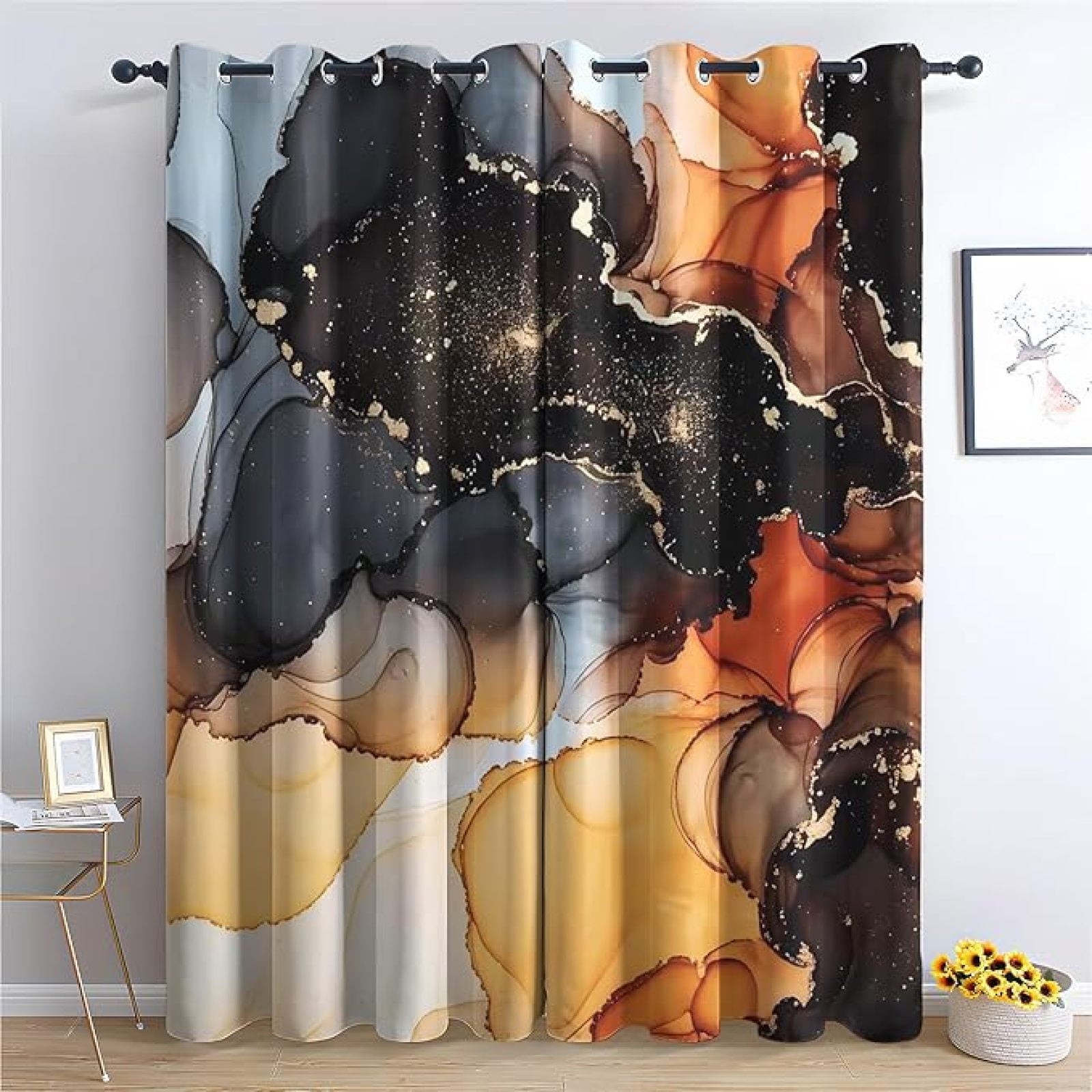Black Gold Burnt Orange Blackout Curtains Set, Abstract Liquid Marble ...