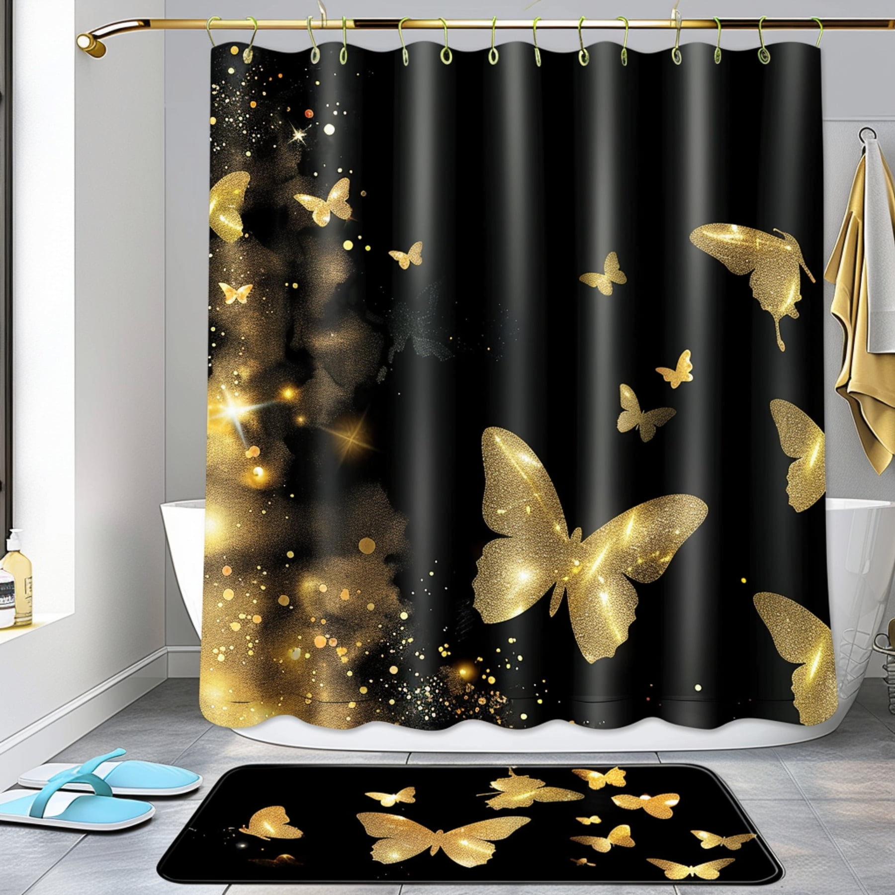 Black and Gold Butterfly Bathroom Accessories Set Shower Curtain with