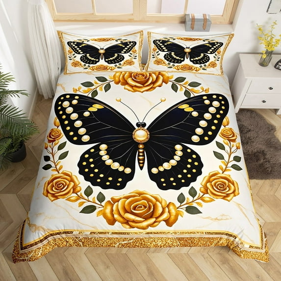 Black Gold Butterfly Duvet Cover King, Dreamy Golden Blossoms Bedding Sets King Size, Modern Aesthetic Comforter Cover King, Microfiber Bedroom Decorative, Zipper Closure and Reversible 3 Pieces