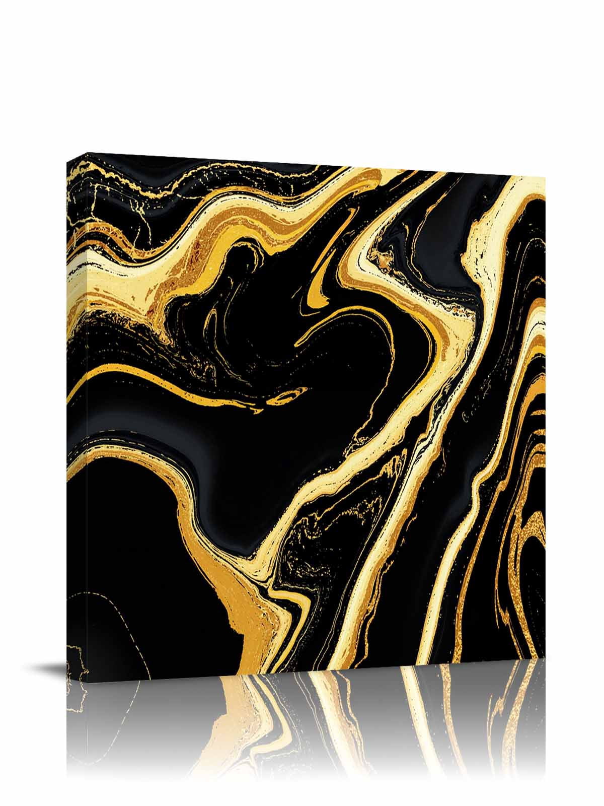 Black Gold Canvas Wall Art, Marble Luxury Abstract Glitter Fluid Pattern Framed Wall Decor Modern Artwork Prints Painting for Living Room, Bedroom, Kitchen & Cafe Decor 28x28 Inch