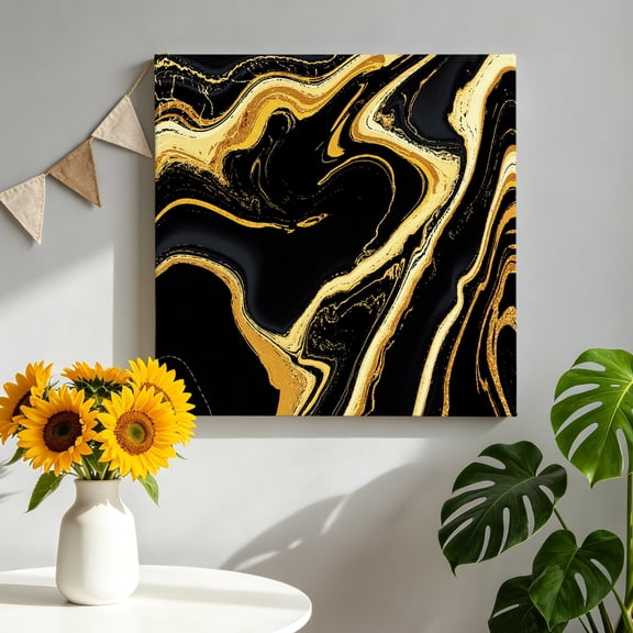 Black Gold Canvas Wall Art, Marble Luxury Abstract Glitter Fluid Pattern Painting Pictures Print Framed Canvas Wall Decor Artwork Decorations Ready to Hang for Living Room Bedroom 8"x8"