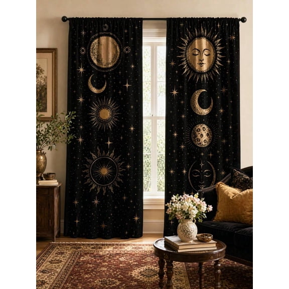 Black Gold Celestial Curtain Panels, Sun Moon Star Witchy Window Drapes, Mystic Astrology Boho Curtains, Dark Aesthetic Bedroom Living Room Decor